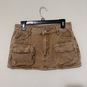 Y2K Cargo Tan Denim Micro Mini Skirt Women's Medium Bohemian Festival Grunge